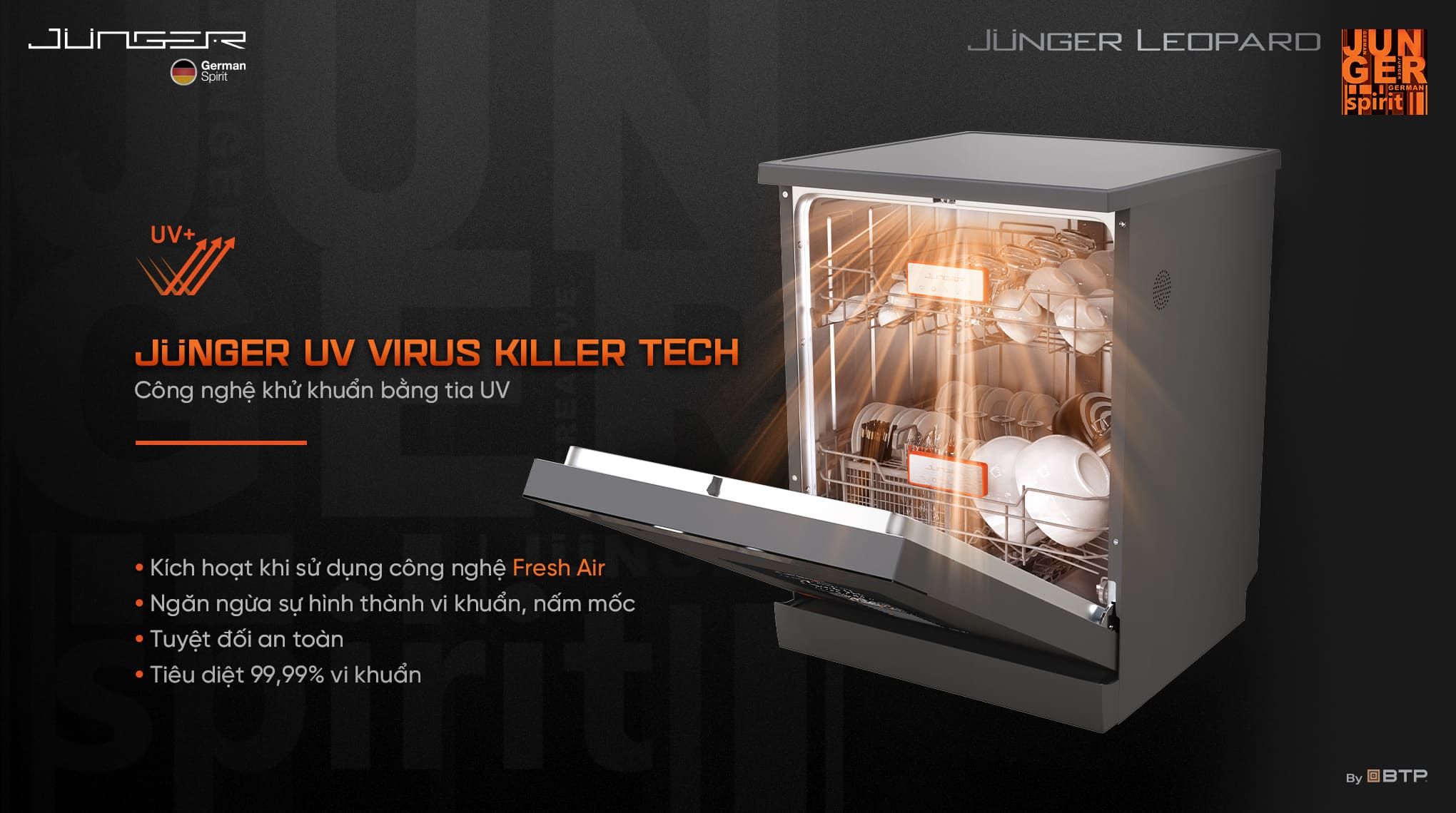 Công nghệ Junger Super AI Cleaning tự động điều chỉnh thời gian và lượng nước rửa phù hợp giúp tiết kiệm điện năng, thời gian và lượng nước.