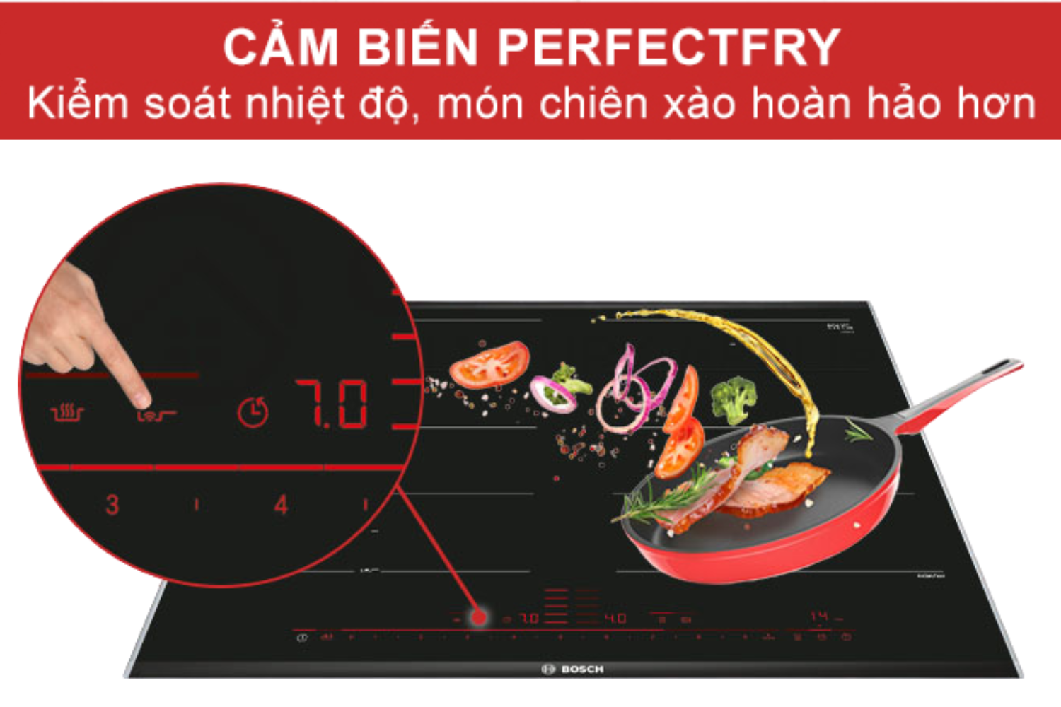 Cảm biến PerfectFry tự động điều chỉnh nhiệt độ chảo và vùng nấu dựa trên 5 mức cài đặt sẵn