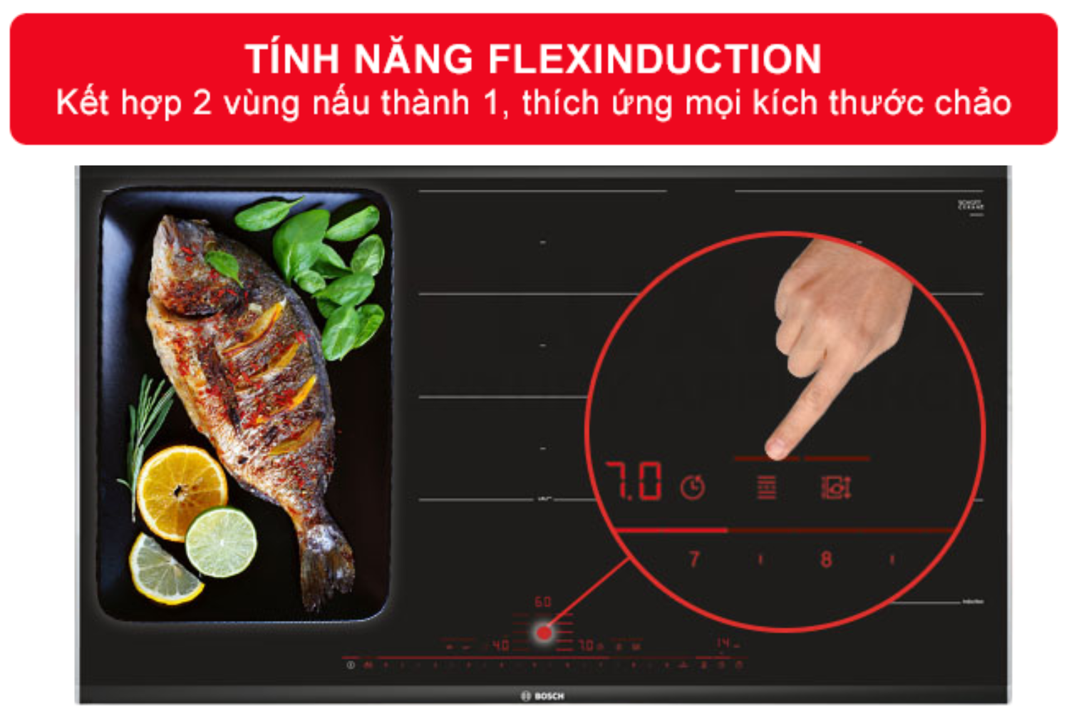 Người dùng có thể tùy ý đặt nồi chảo ở bất kỳ đâu trên 5 vùng nấu liên kết