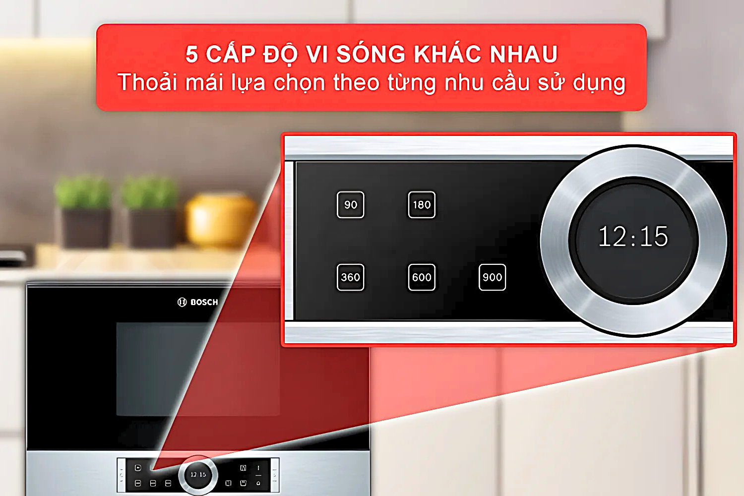 Lò vi sóng Bosch BFL634GS1B gồm 5 mức công suất vi sóng khác nhau