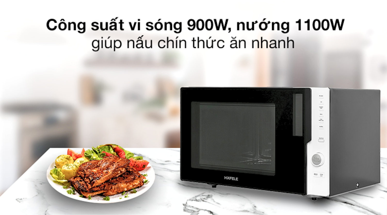 Với công suất vi sóng 900W và nướng 1100W, lò giúp bạn chế biến thức ăn nhanh chóng