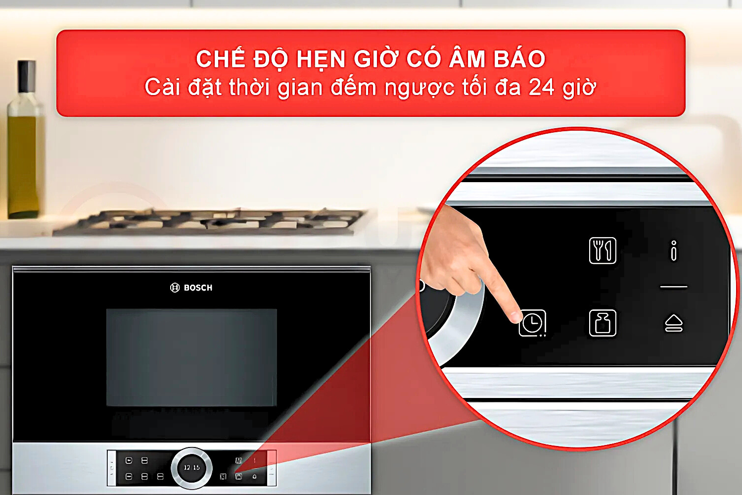 Với tính năng hẹn giờ trên&nbsp;lò vi sóng Bosch BFL634GS1B Series 8 hỗ trợ quản lý thời gian hiệu quả