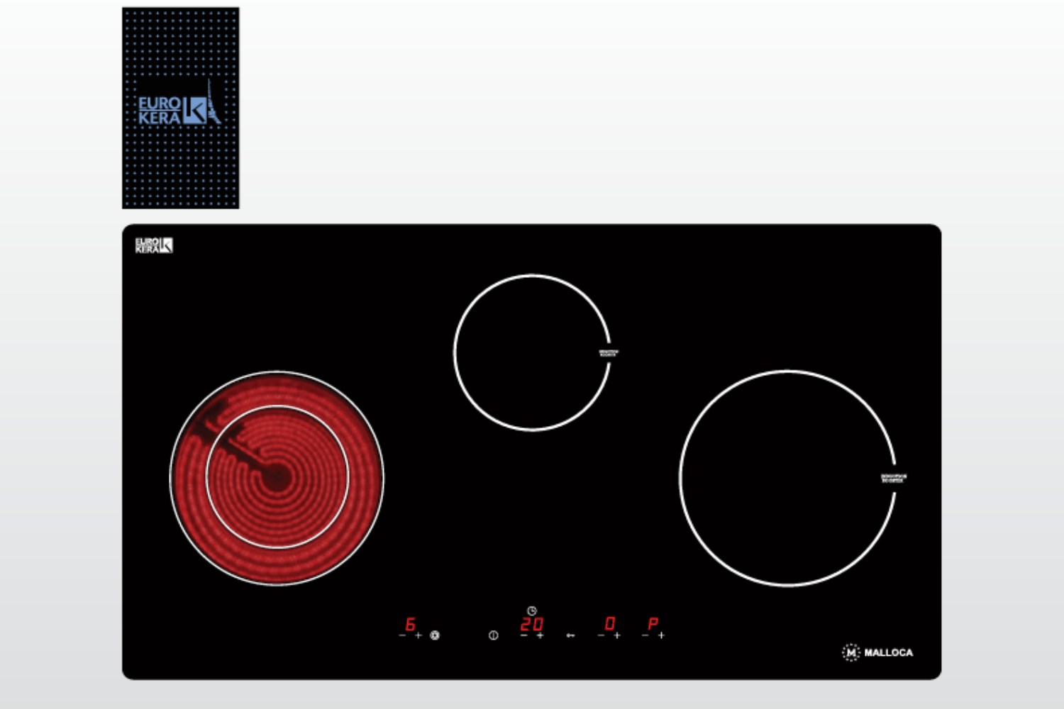 Bếp điện từ Malloca MH-03IRB SB được thiết kế với ba vùng nấu hoàn toàn độc lập
