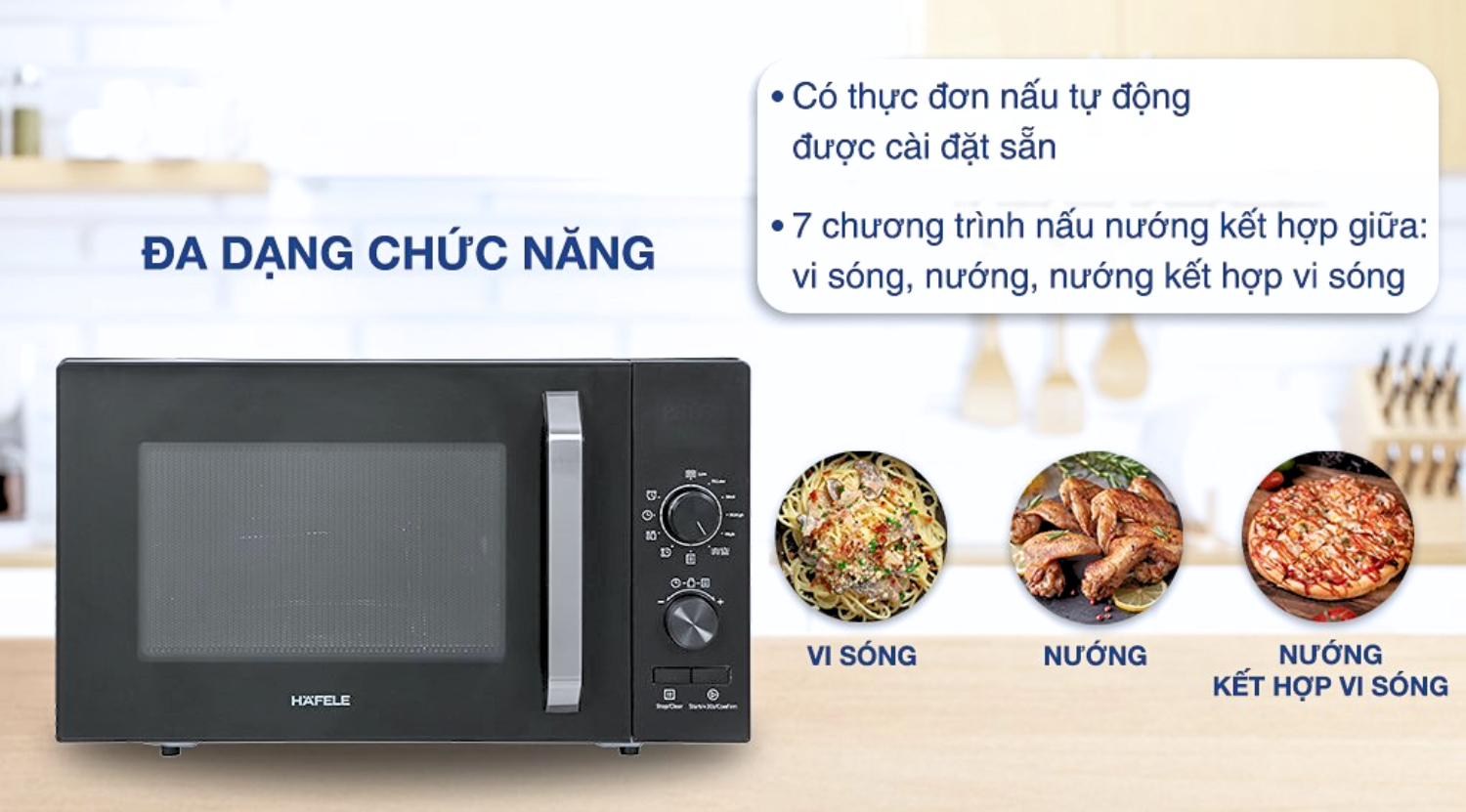 Lò được tích hợp sẵn 5 thực đơn tự động cho các món ăn phổ biến như cơm, súp, bắp rang bơ...,