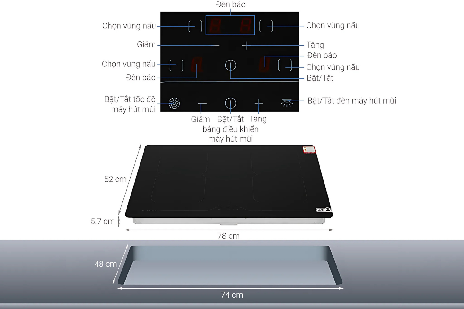 Bếp từ Malloca MH-784 ITG có thể liên kết đồng thời 2 vùng nấu liền kề thành một vùng nấu lớn