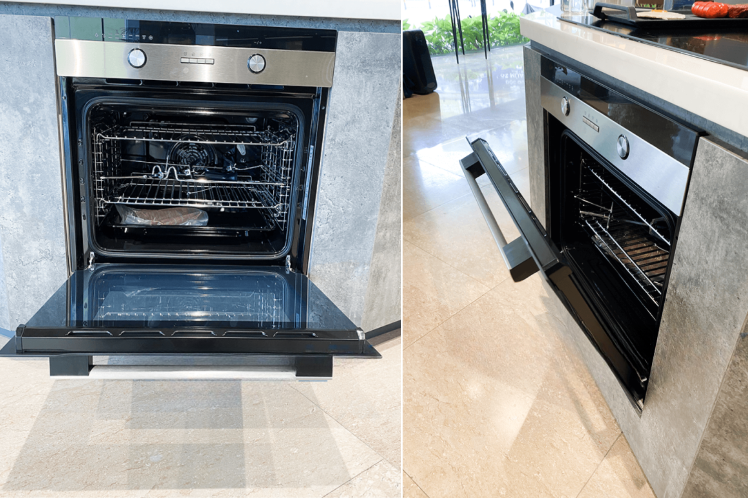 Cửa lò được cấu tạo từ ba lớp kính cường lực dày, có khả năng cách nhiệt vượt trội