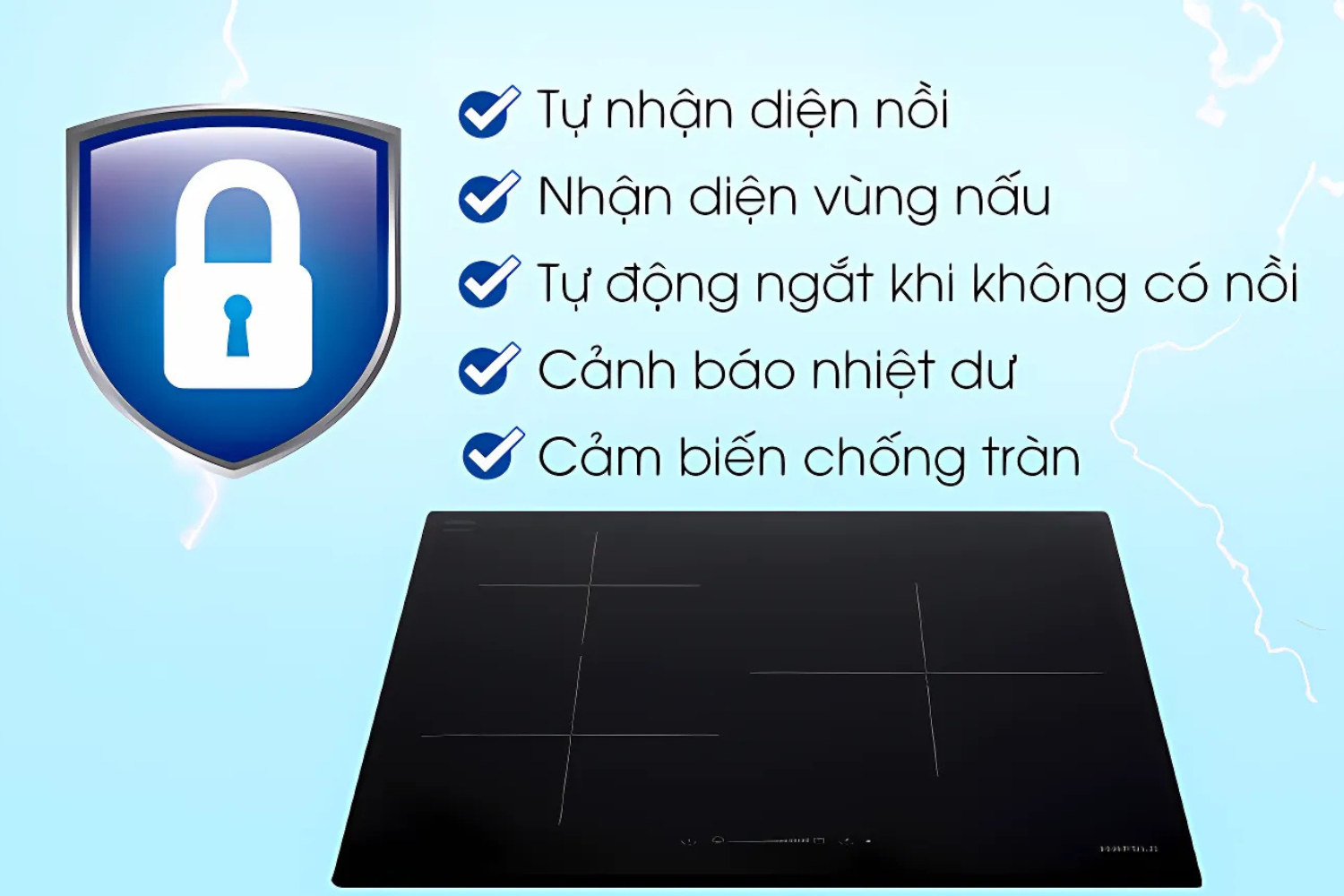 Bếp từ Hafele HC-I603B trang bị hàng loạt tính năng bảo vệ hiệu quả