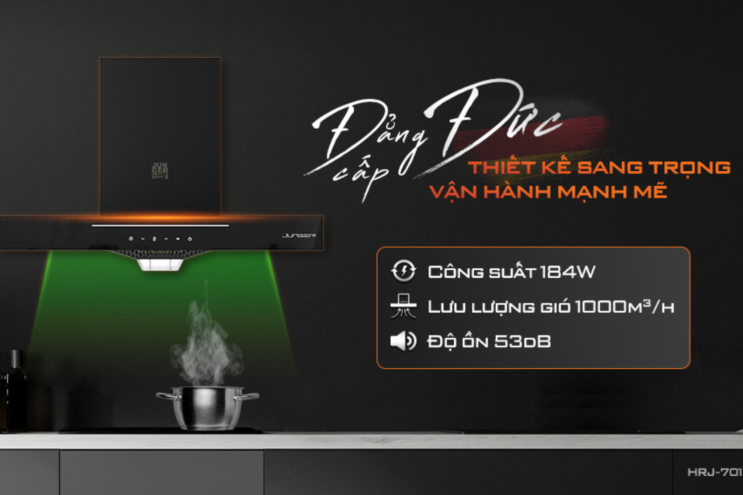Máy hút mùi áp tường/âm tủ Junger HRJ-701 Đen | 70cm