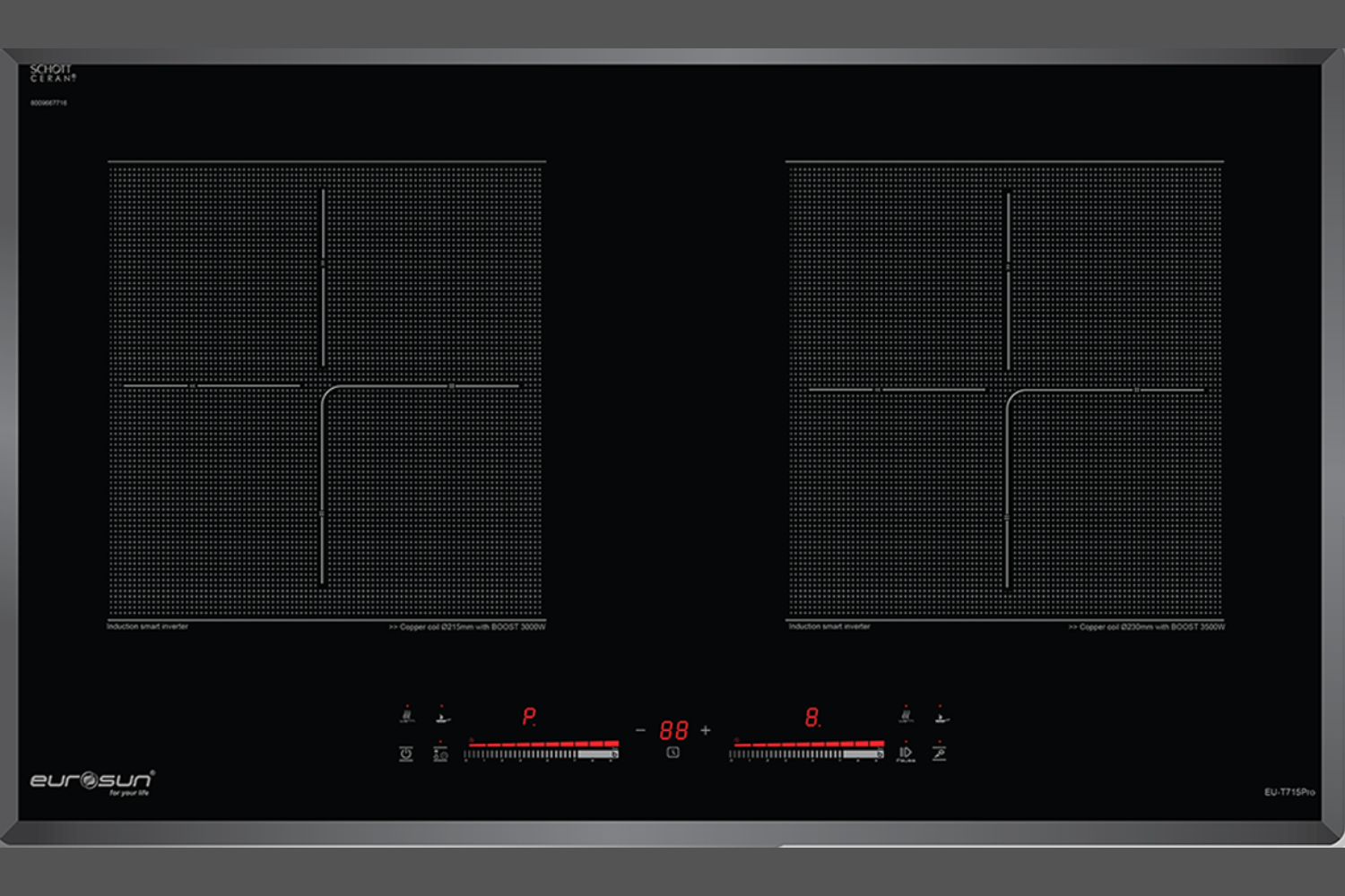 Eurosun EU-T715Pro được thiết kế với 2 vùng nấu riêng biệt