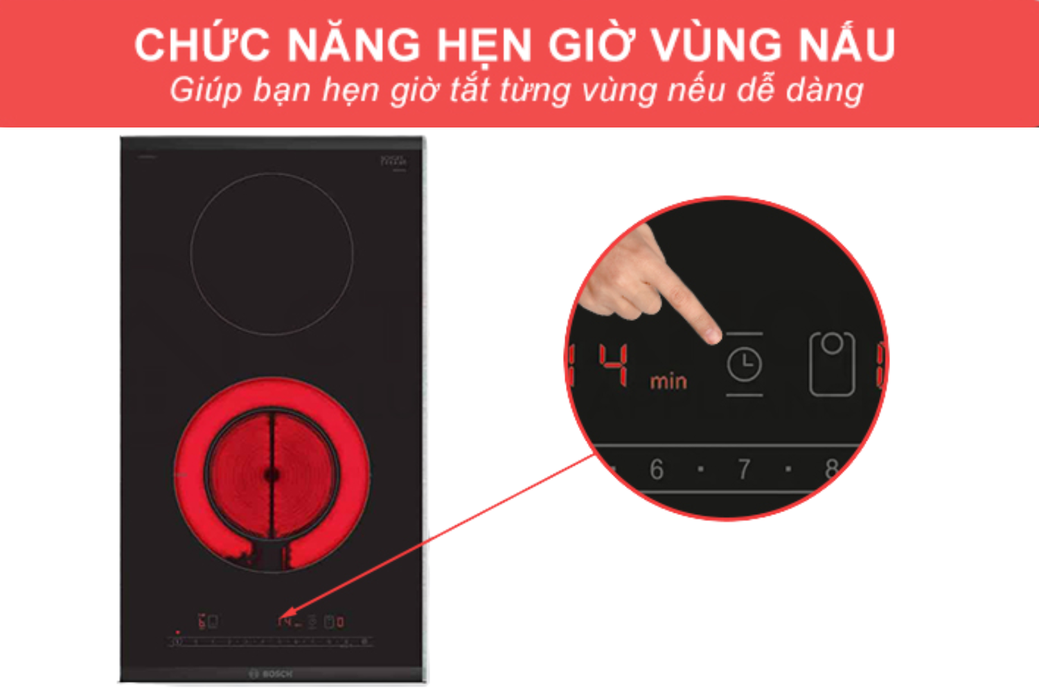 Bếp được trang bị chức năng hẹn giờ tắt riêng biệt cho từng vùng nấu