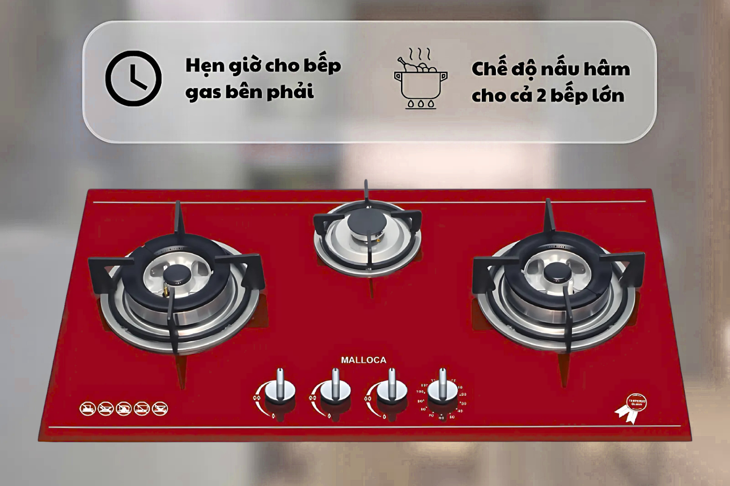 Bếp gas Malloca AS 930R được trang bị 3 vùng nấu được phân bổ đều