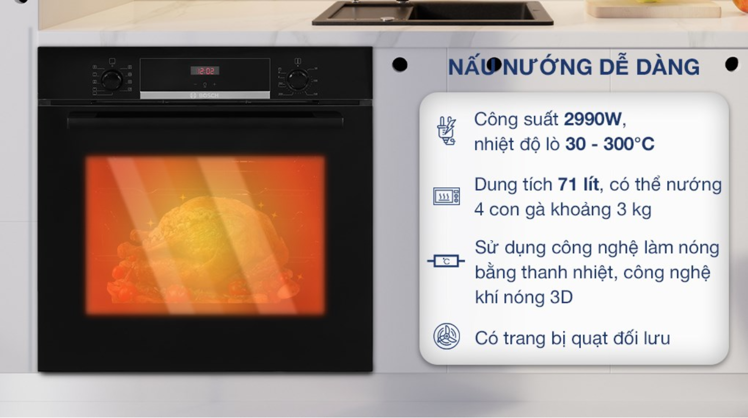 Với dung tích 71 lít, lò nướng Bosch HBS534BB0B mở ra không gian nấu nướng vô cùng rộng rãi