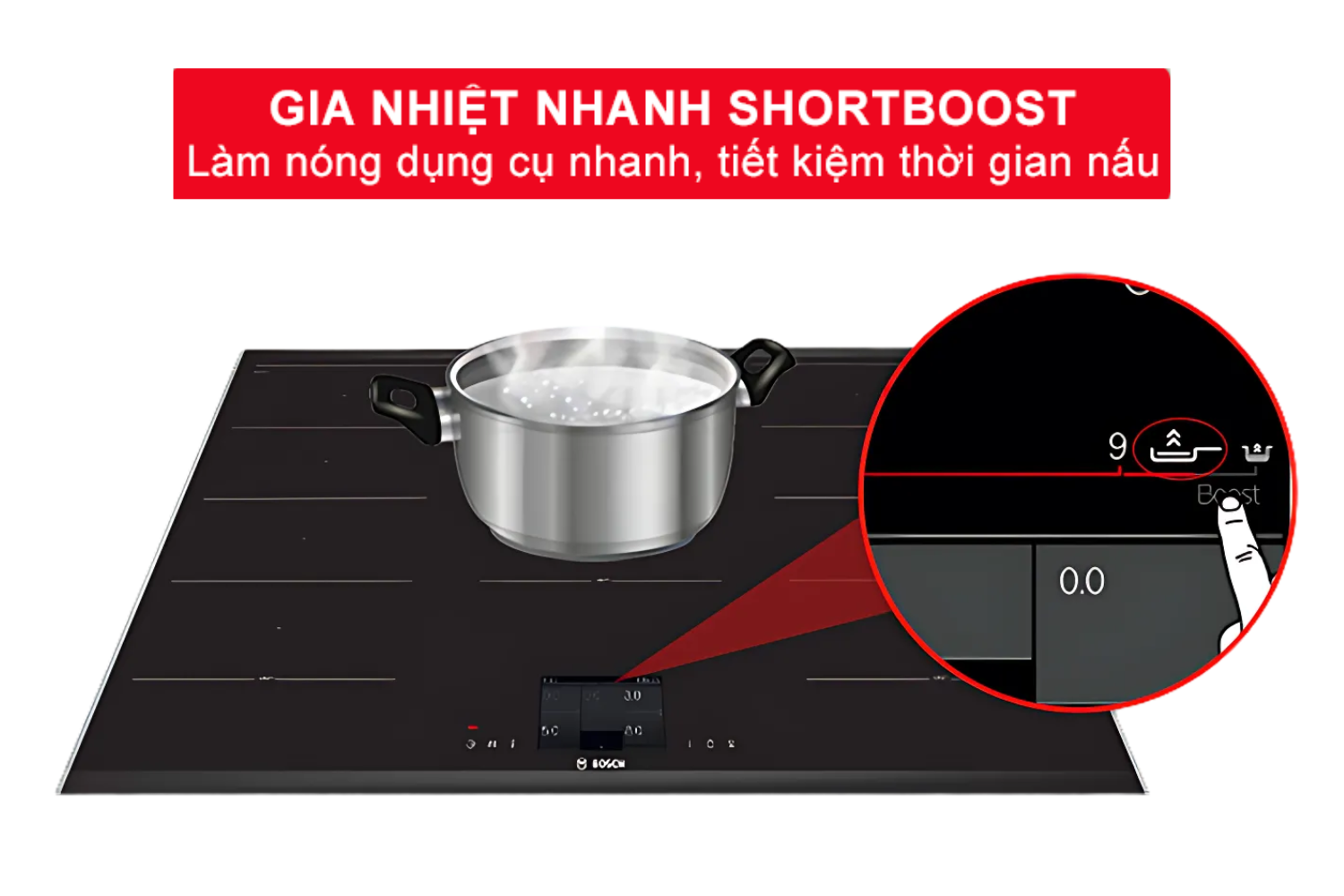 Bếp từ Bosch PXX975KW1E được trang bị hai tính năng tăng cường hiệu suất mạnh mẽ: