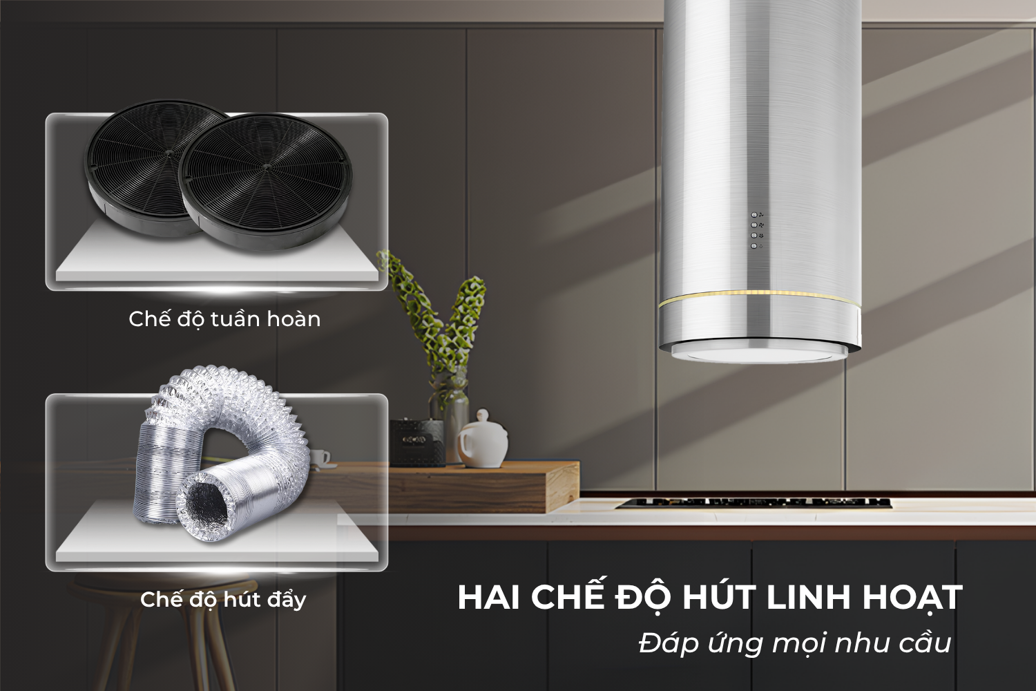 Hệ thống hút xả linh hoạt: Khử mùi than hoạt tính hoặc ống thoát khí