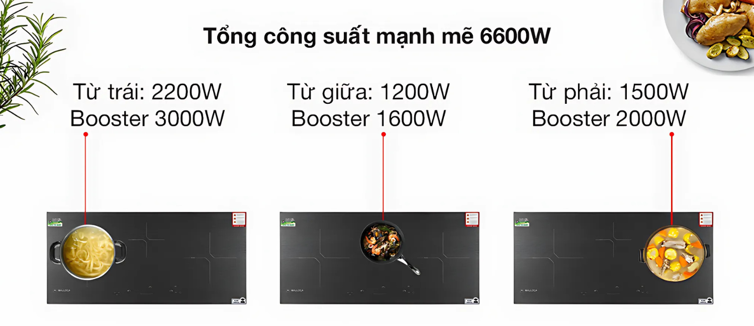 Bếp từ Malloca MH-03IS sở hữu tổng công suất ấn tượng lên đến 6600W