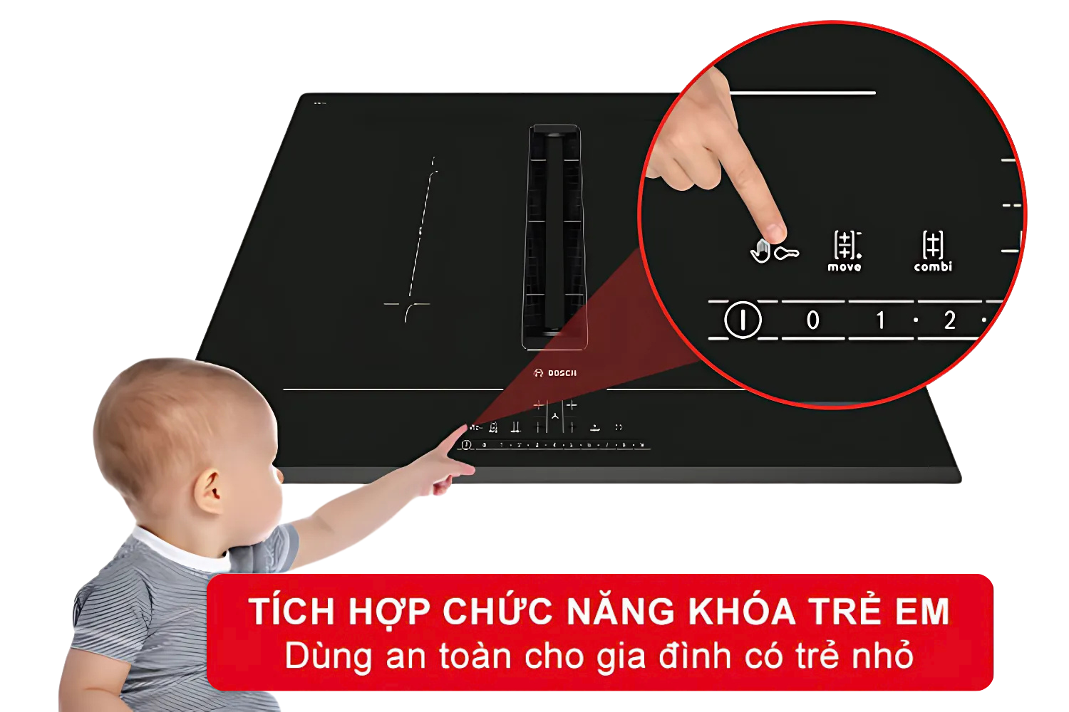 Khóa trẻ em ngăn ngừa trẻ nhỏ vô tình thay đổi các cài đặt của bếp, đảm bảo an toàn cho gia đình