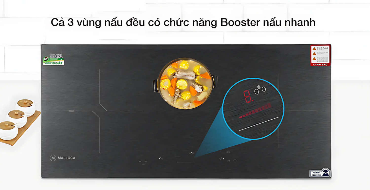 tính năng Booster gia nhiệt nhanh,  đẩy công suất của từng vùng nấu lên mức tối đa
