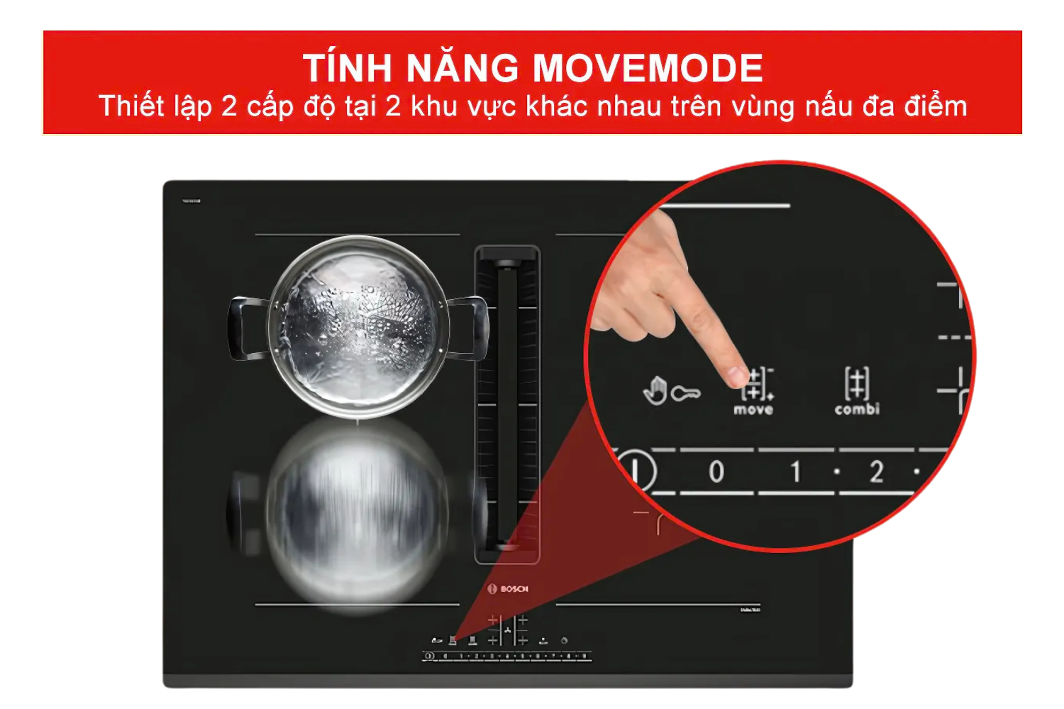 MoveMode cho phép thiết lập hai mức công suất khác nhau trên cùng một vùng nấu đa điểm