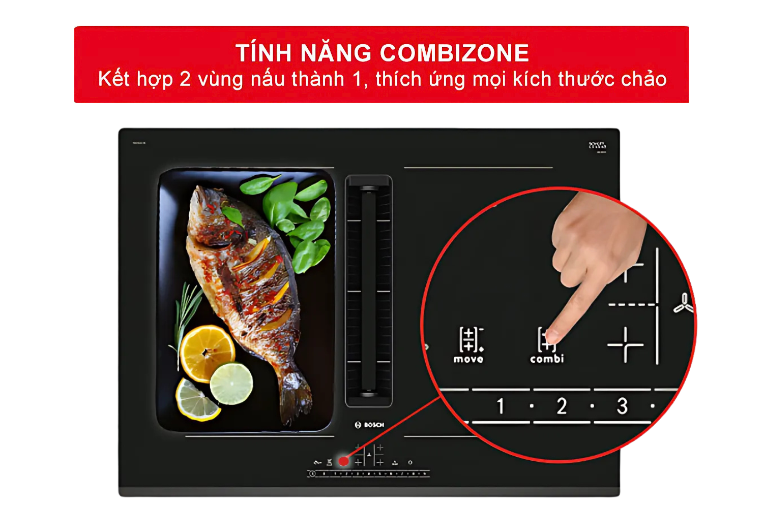 Tính năng CombiZone cho phép bạn kết hợp hai vùng nấu đa điểm liền kề thành một vùng nấu lớn hơn