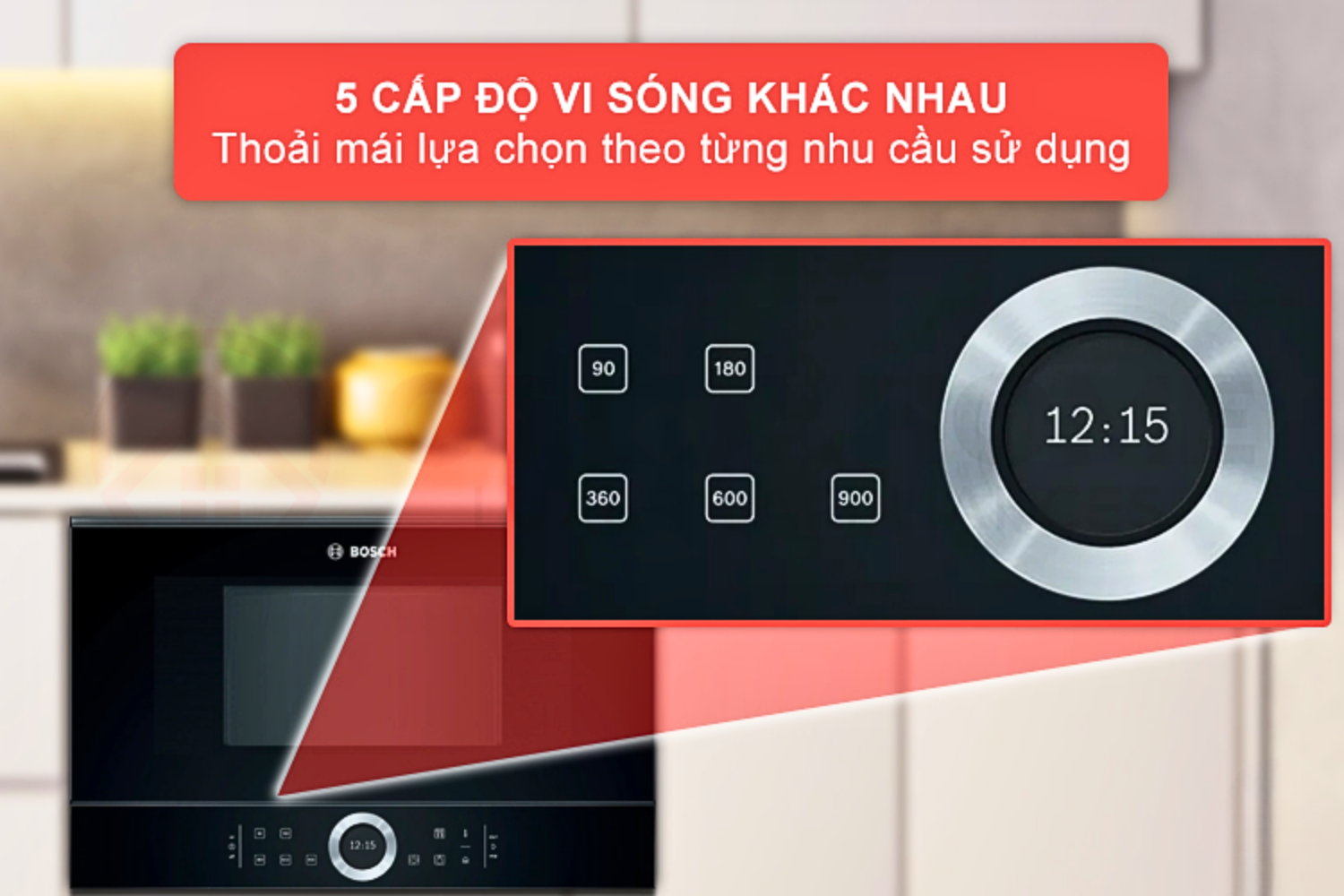 Lò vi sóng Bosch BFL634GB1 được trang bị 05 cấp độ vi sóng khác nhau