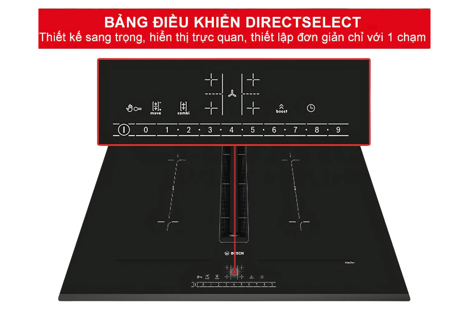 Bếp từ Bosch PVQ731F15E sử dụng bảng điều khiển cảm ứng DirectSelect với thiết kế tối giản