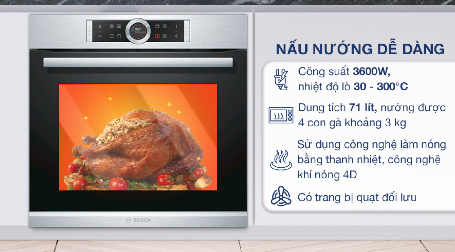 Lò nướng Bosch HBF633BS1A có tổng công suất lên đến 3.6kW