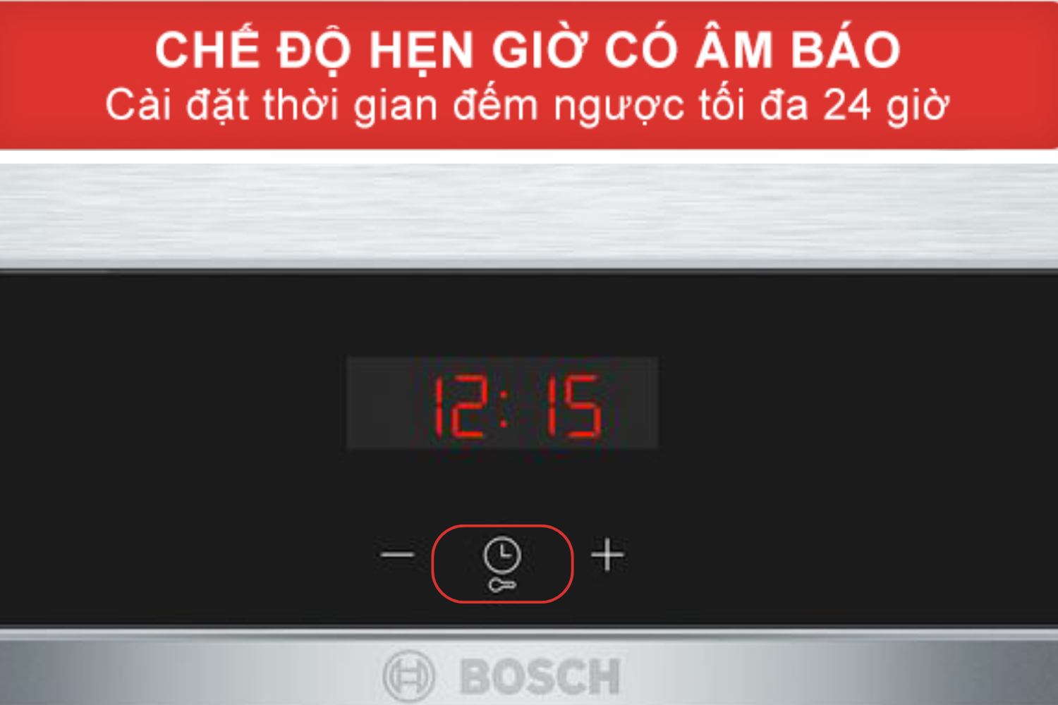 Lò nướng Bosch HBA3140S0 cho phép hẹn giờ tối đa 24 giờ với âm báo kết thúc