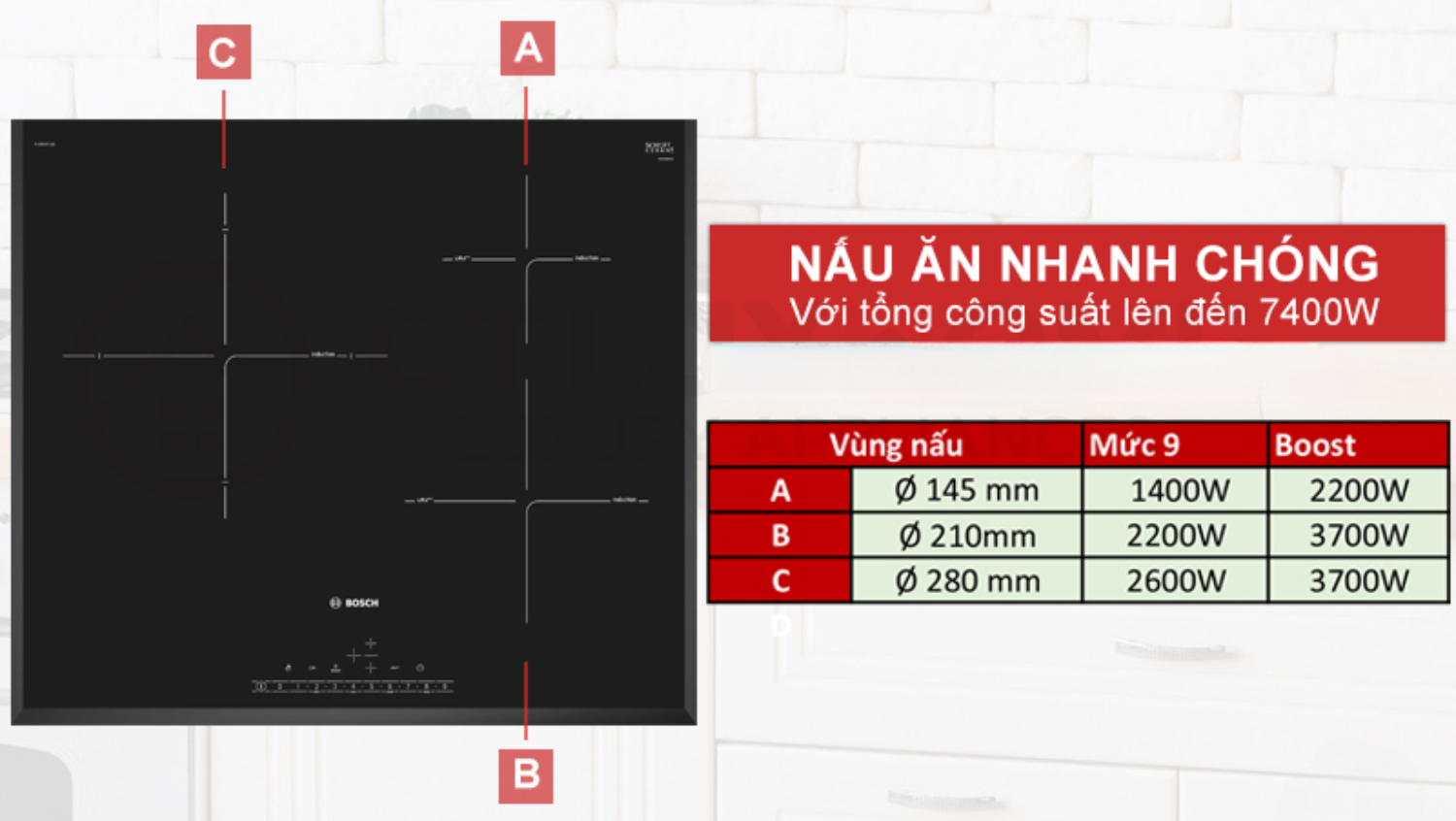 Với tổng công suất lên đến 7.4Kw, bếp từ Bosch PIJ651FC1E mang lại hiệu suất nấu nướng mạnh mẽ