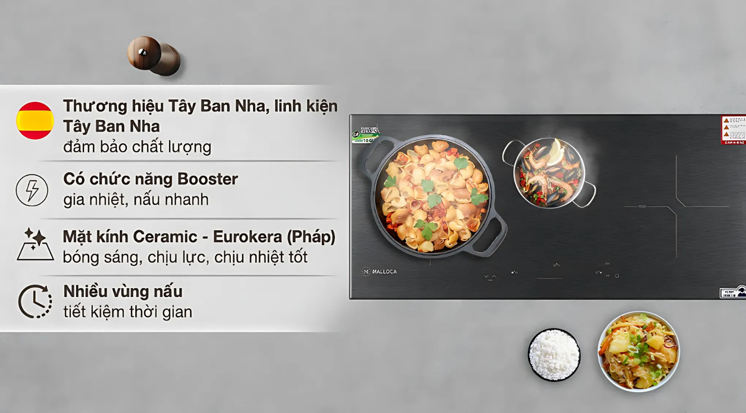 Bếp từ Malloca MH-03IS sở hữu thiết kế lắp âm gọn gàng