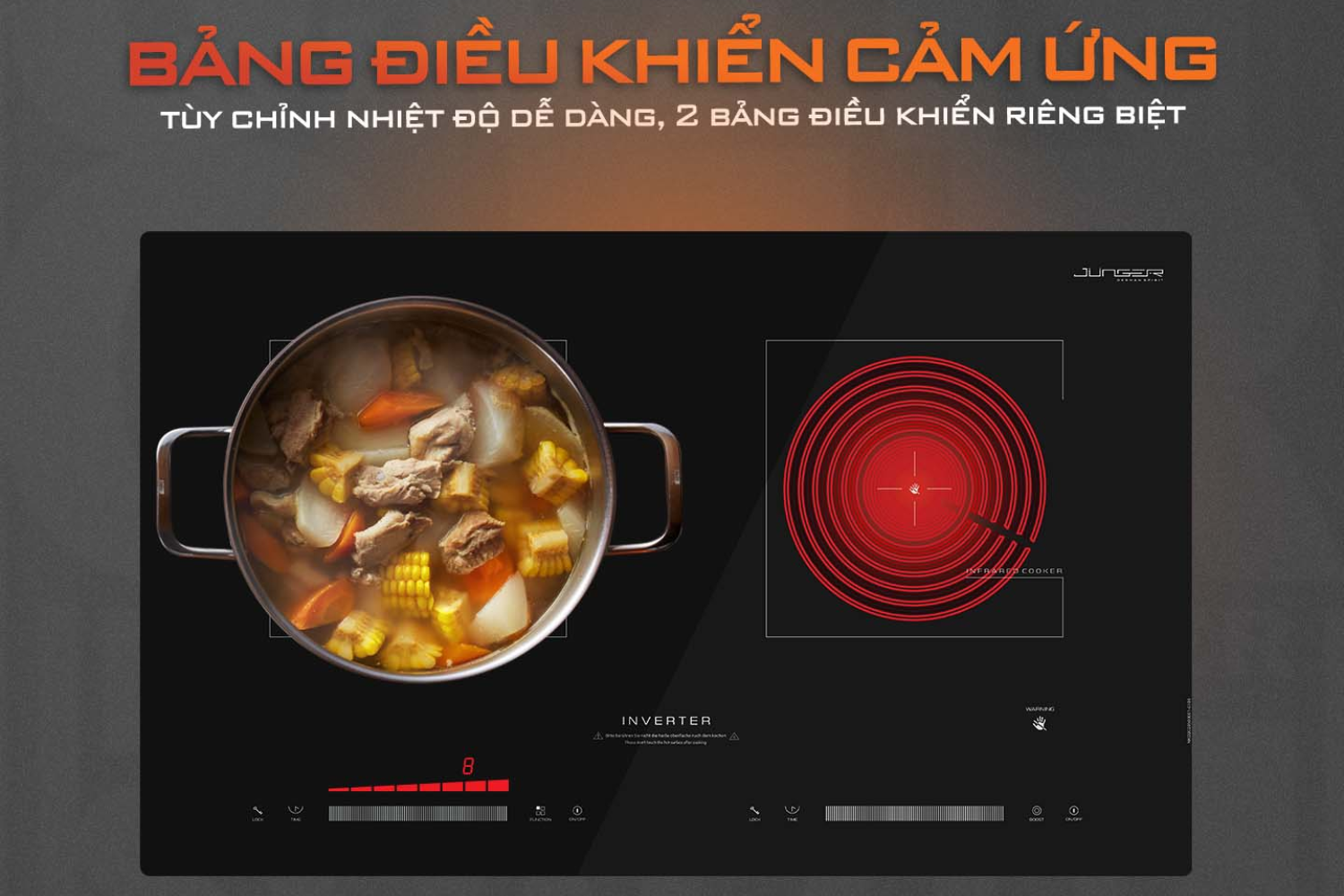 Bếp Điện Từ Kết Hợp Hồng Ngoại Junger NKD-202 | Lắp Âm/Dương 2 Vùng Nấu