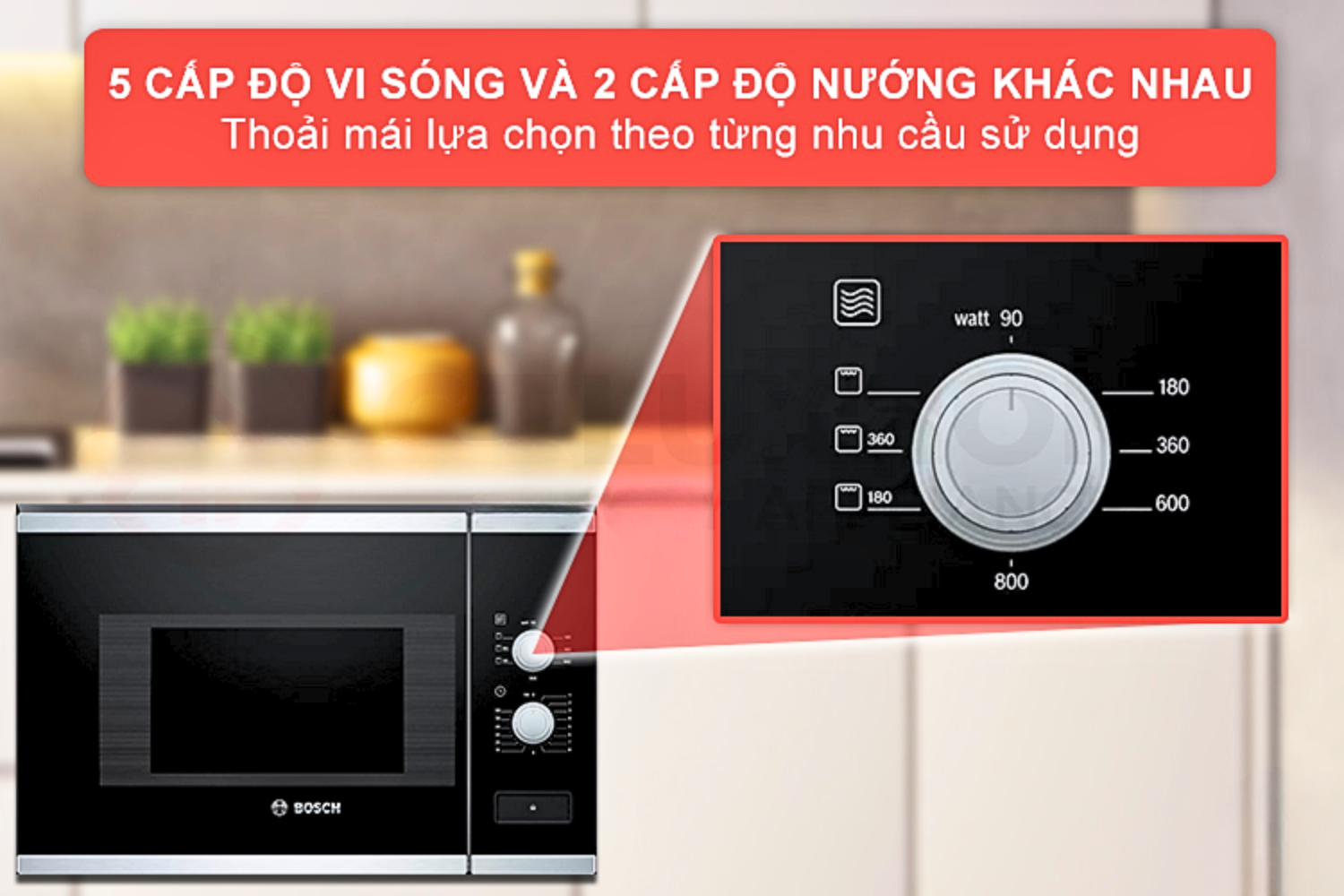 Lò vi sóng Bosch BEL520MS0K sở hữu công suất vi sóng tối đa 800W, được chia thành 5 mức linh hoạt