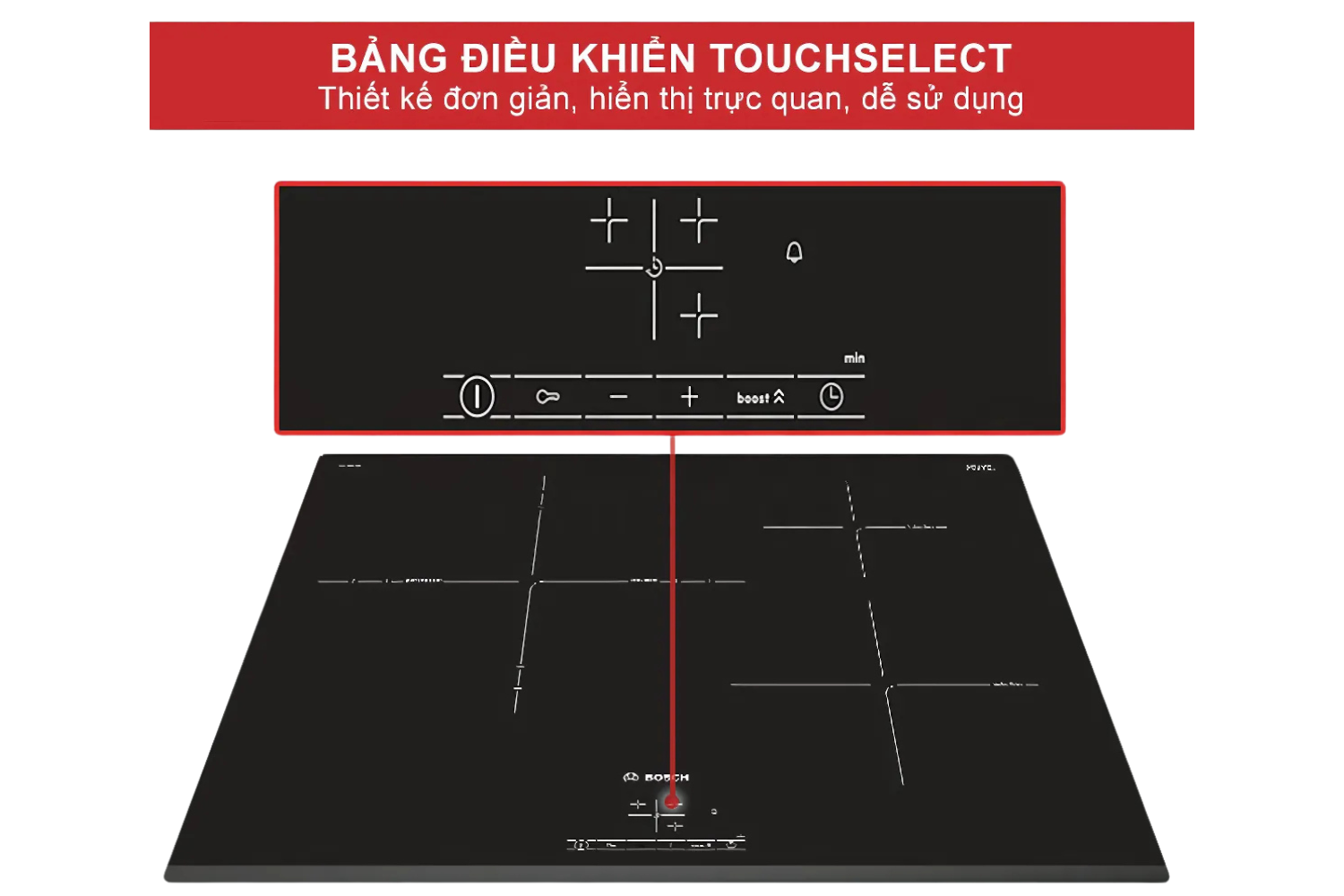 Bếp từ Bosch PID631BB1E được trang bị bảng điều khiển cảm ứng TouchSelect hiện đại
