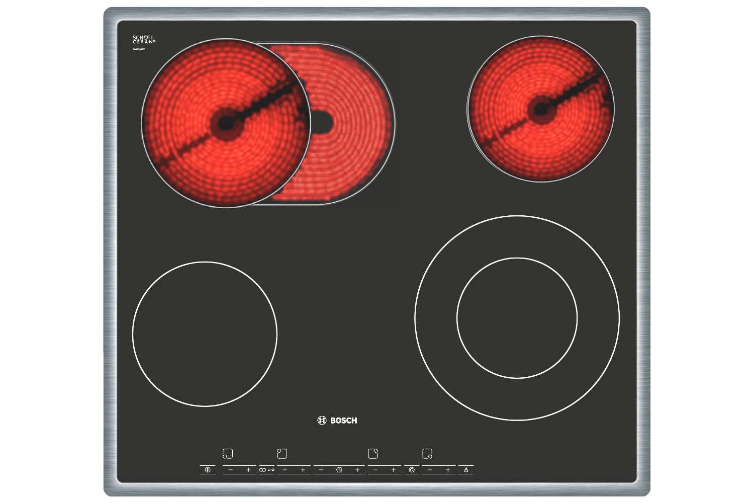 Bếp điện Bosch PKN645T14 được trang bị 4 vùng nấu hồng ngoại tiện lợi