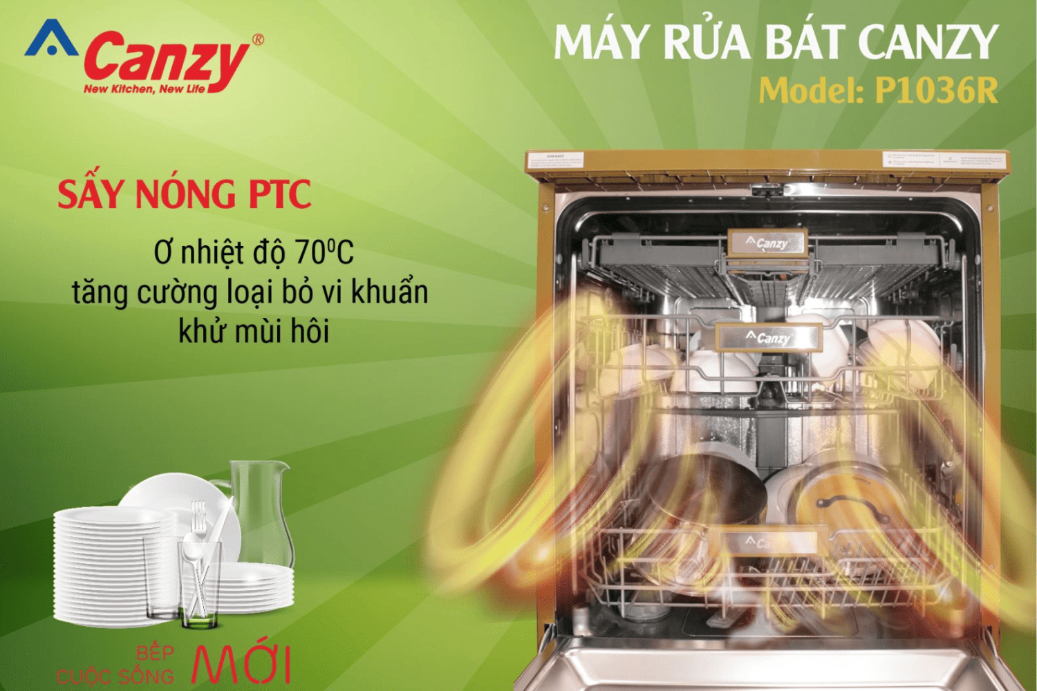 Máy rửa bát Canzy CZ-P1036R tích hợp hệ thống sấy nóng PTC, sấy khô tuyệt đối