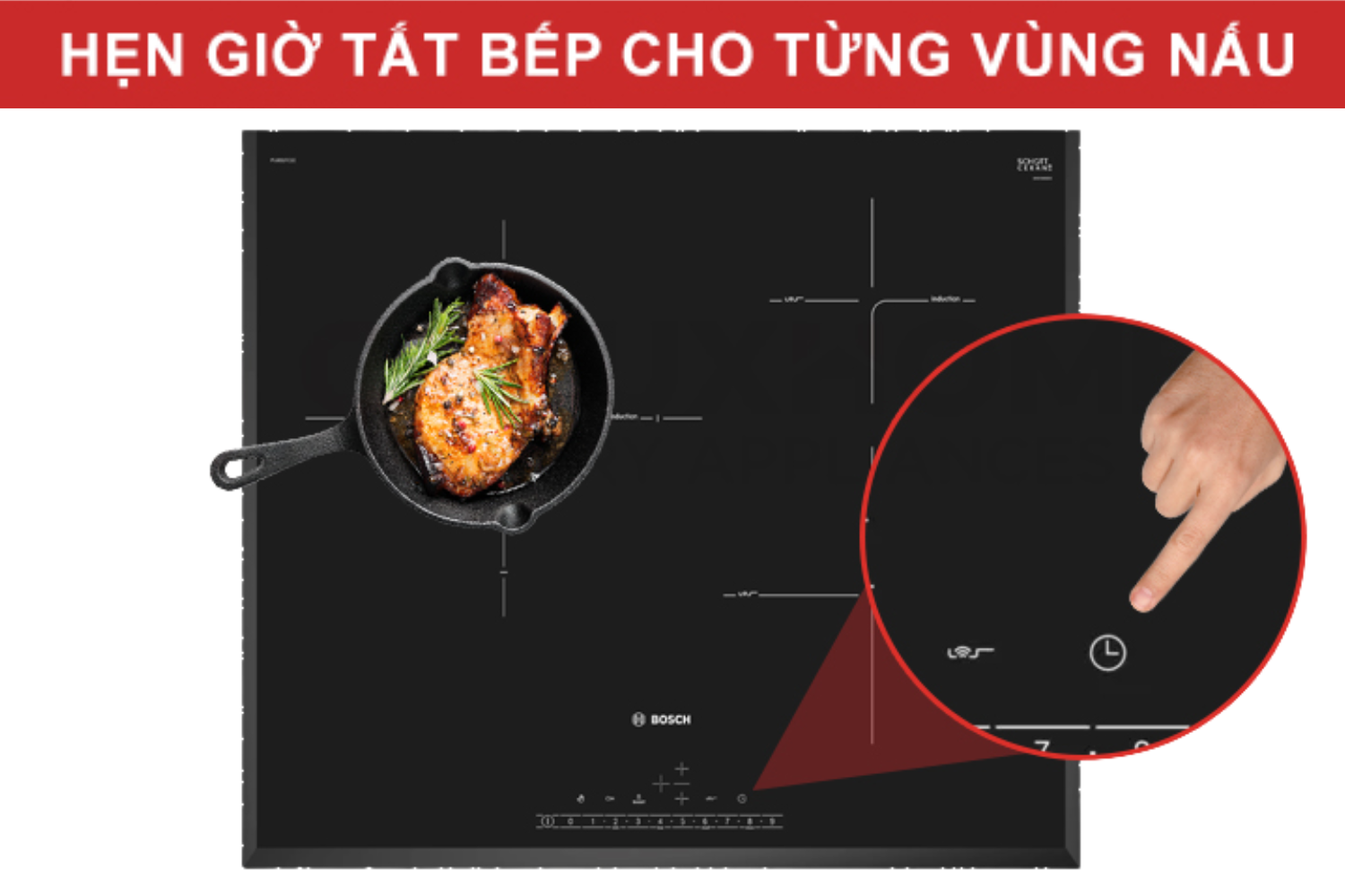 Mỗi vùng nấu trên bếp từ Bosch đều có một bộ hẹn giờ riêng, hoạt động độc lập
