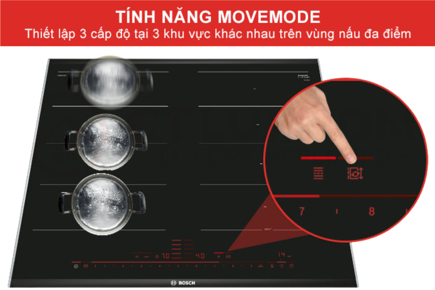 MoveMode chia một vùng nấu lớn (thường là vùng nấu FlexInduction) thành ba khu vực nhiệt độ khác nhau