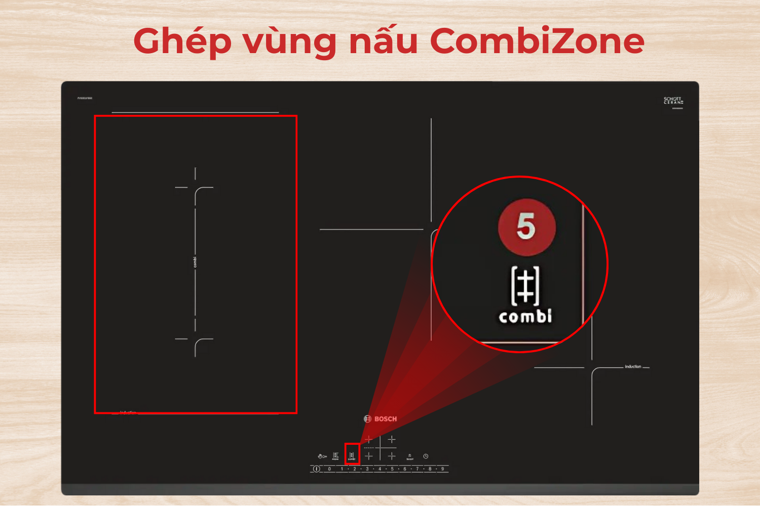 Công nghệ CombiZone cho phép bạn gộp nhiều vùng nấu nhỏ thành một vùng nấu lớn duy nhất