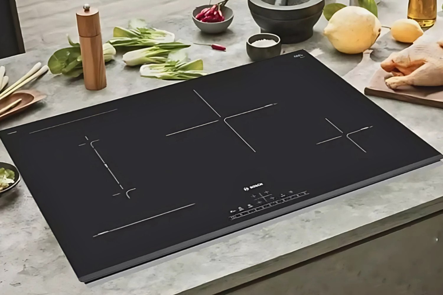 Bếp Bosch 03 vùng nấu hình chữ nhật thường có 02 vùng nấu cố định và 01 vùng nấu ghép nối