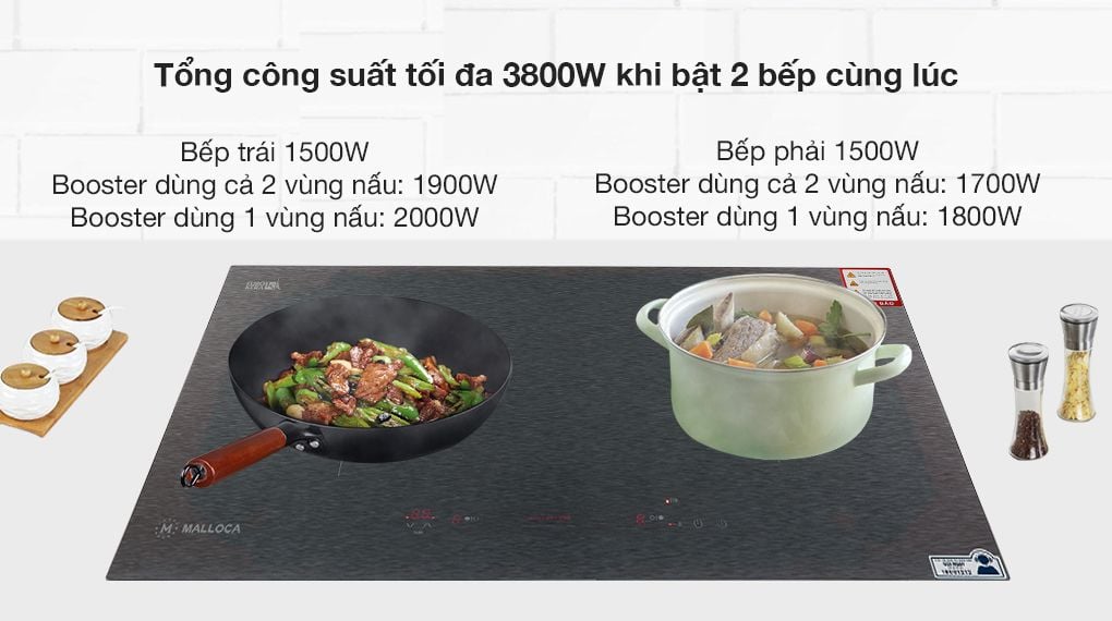 Malloca MH-02IS sở hữu tổng công suất 3600W với 2 vùng nấu linh hoạt