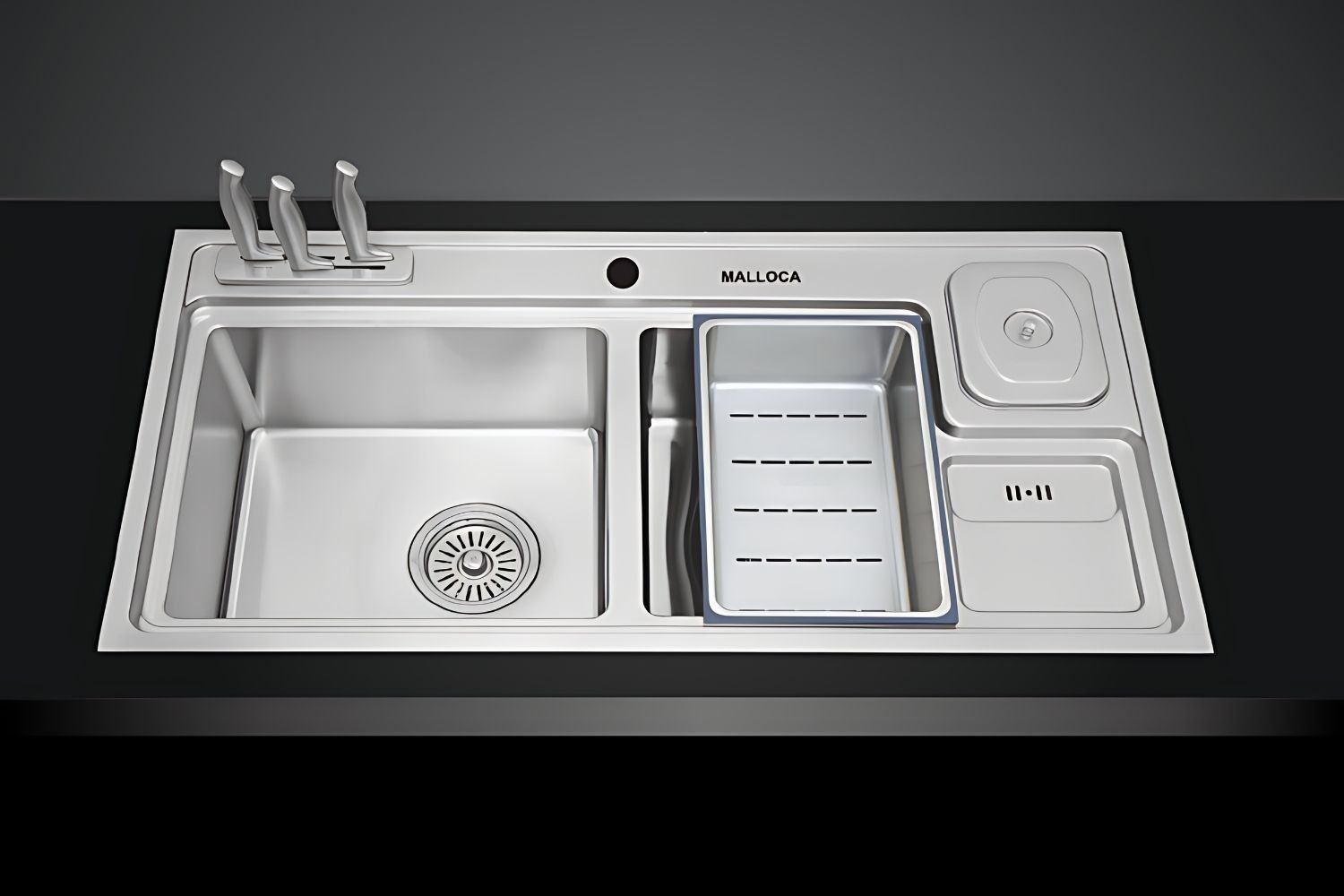 Giá đỡ dao, rổ inox lọc rác của chậu rửa bát Malloca