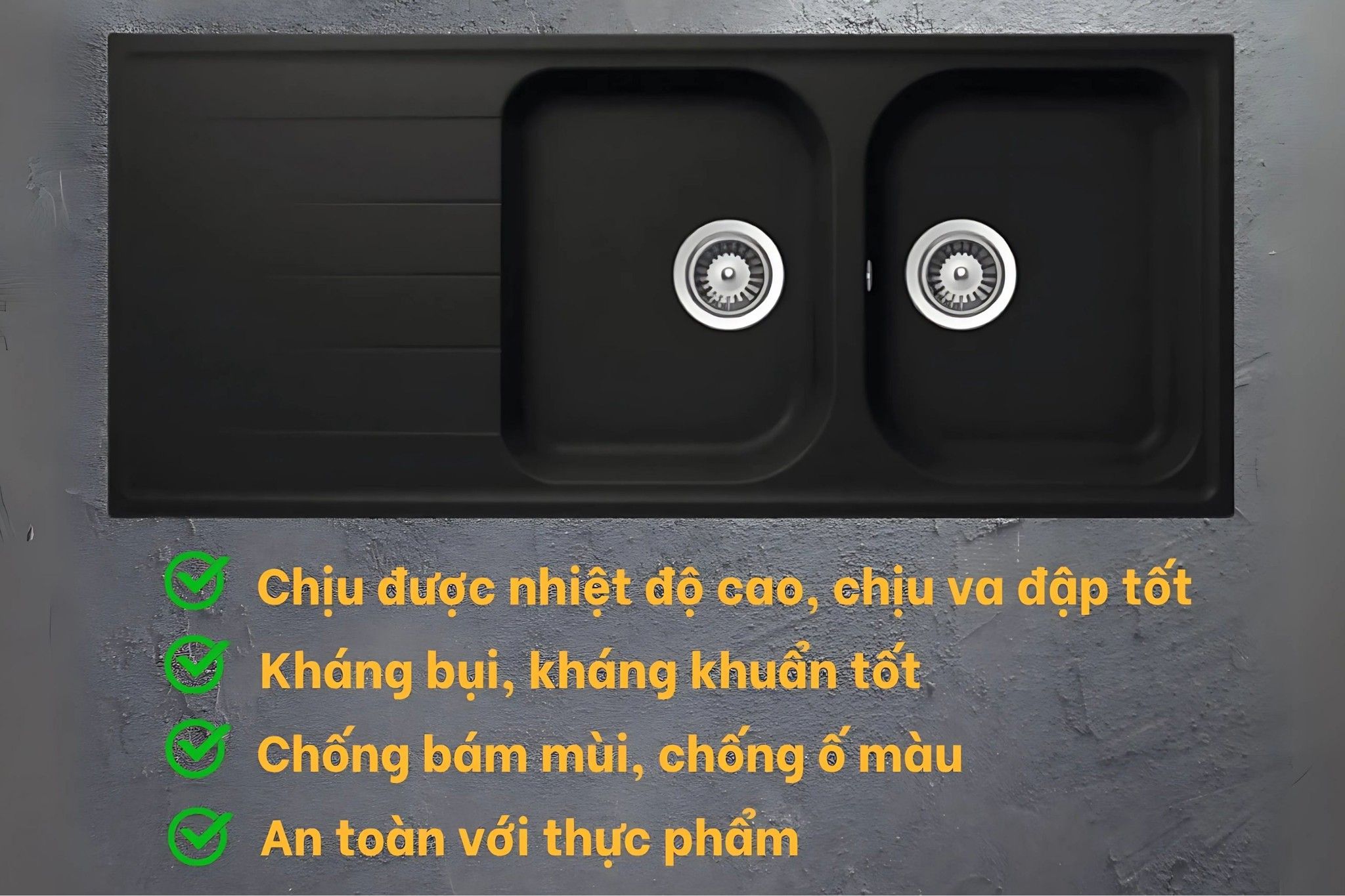 Chất liệu đá Granstone cao cấp, chống va đập, kháng khuẩn, chịu nhiệt cao