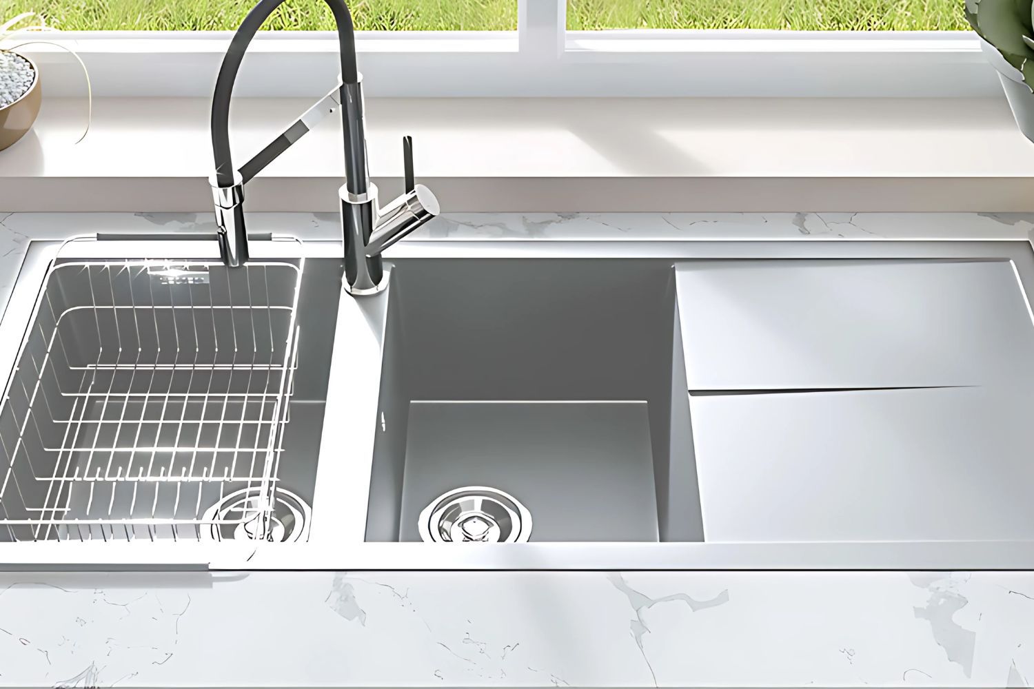 Chậu rửa bát bằng đá lắp bán âm vừa thẩm mỹ vừa chắc chắn