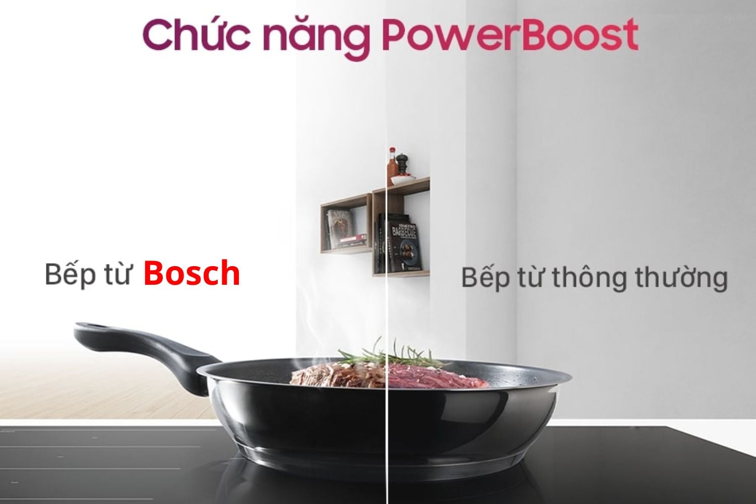 chức năng PowerBoost bếp từ 3 vùng nấu Bosch PUC61KAA5E