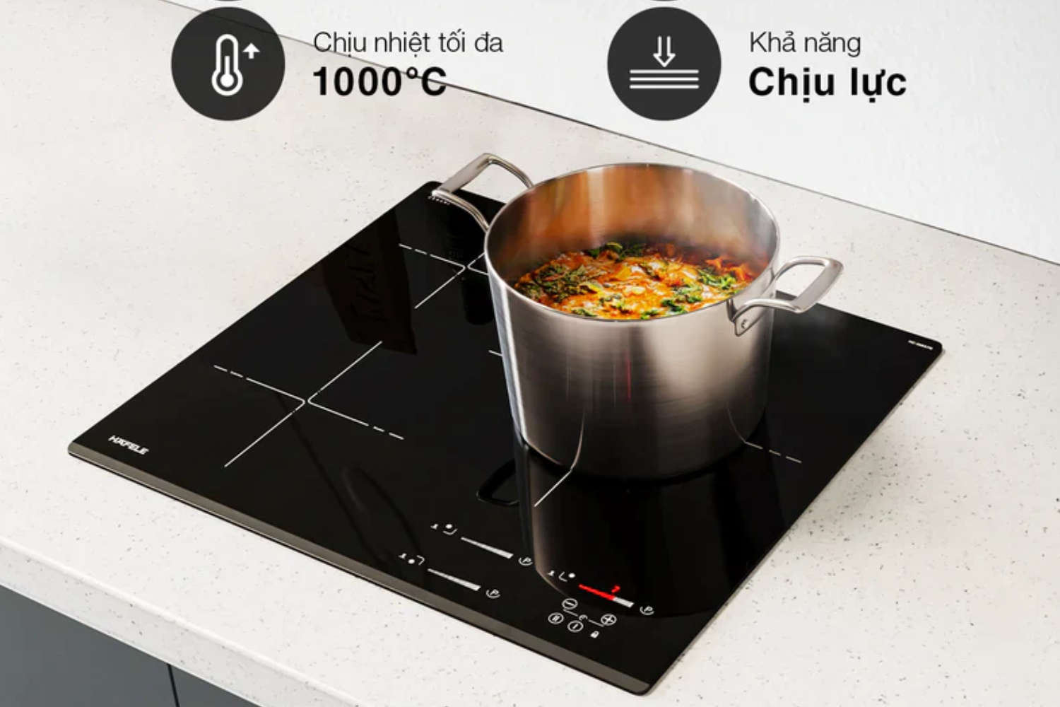 Bếp từ Hafele sử dụng mặt kính gốm sứ cao cấp của các thương hiệu hàng đầu thế giới như Schott Ceran (Đức)