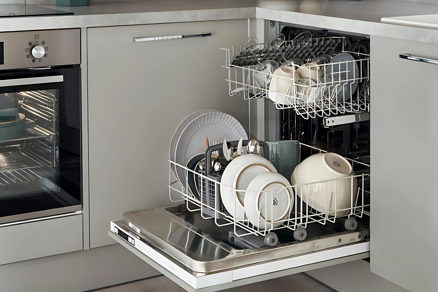 Máy rửa bát bán âm thường có dung tích khoang rửa lớn