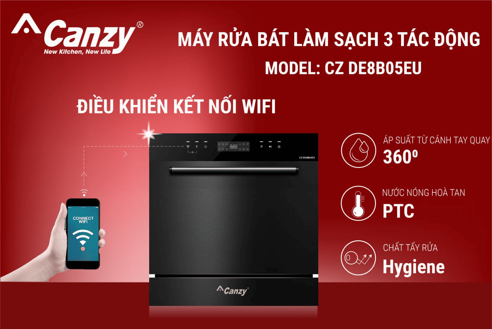 Máy rửa chén Canzy CZ DE8B05EU trang bị thêm tính năng kết nối wifi điều khiển từ xa hiện đại