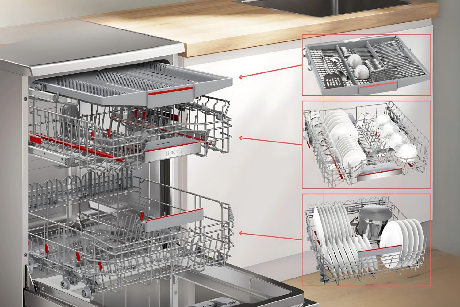 Đa phần thế hệ Series 8 đều trang bị 3 khay rửa rộng rãi