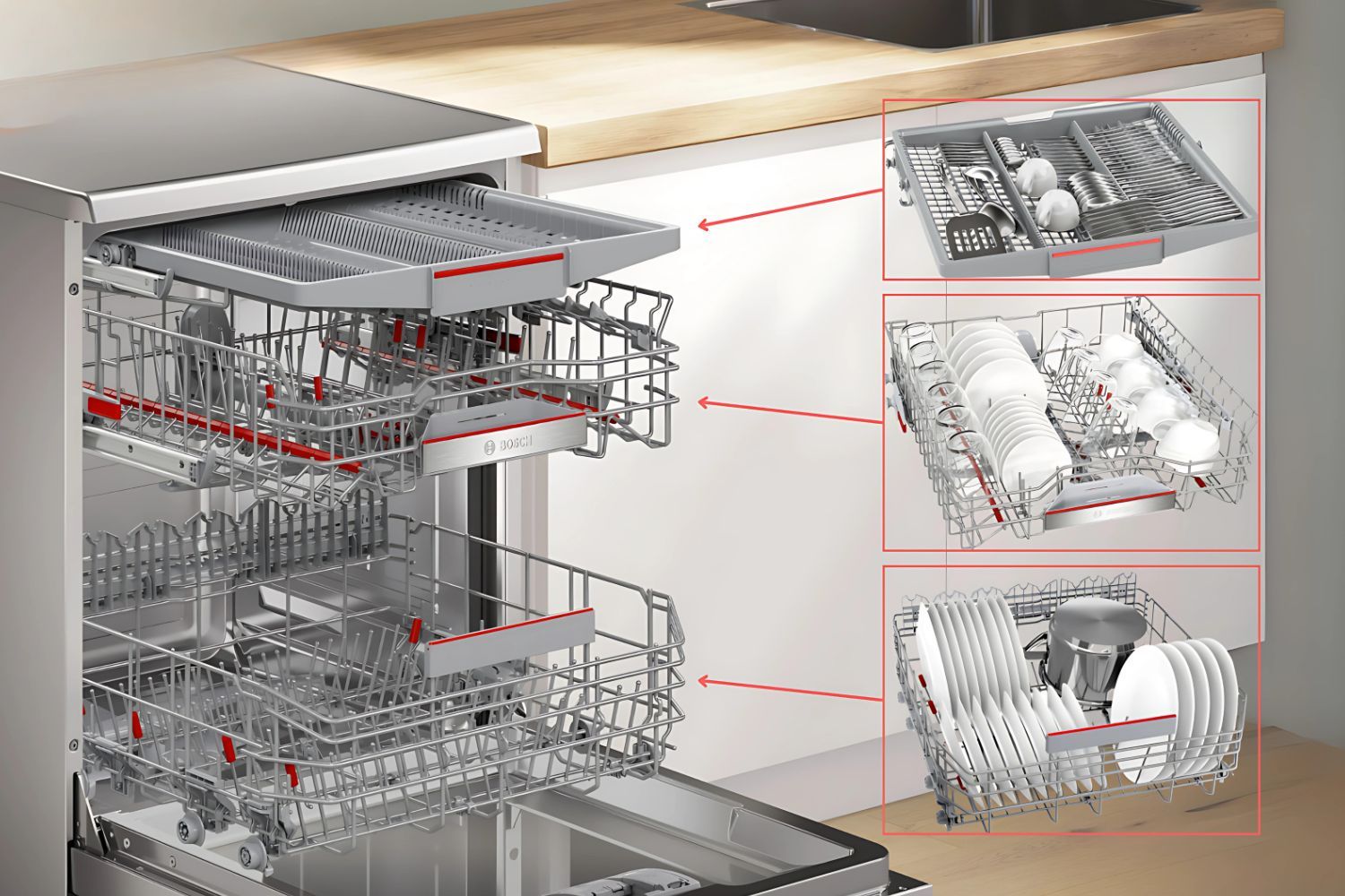 Khoang chứa rộng rãi của máy rửa bát Serie 4 giúp rửa được xoong nồi
