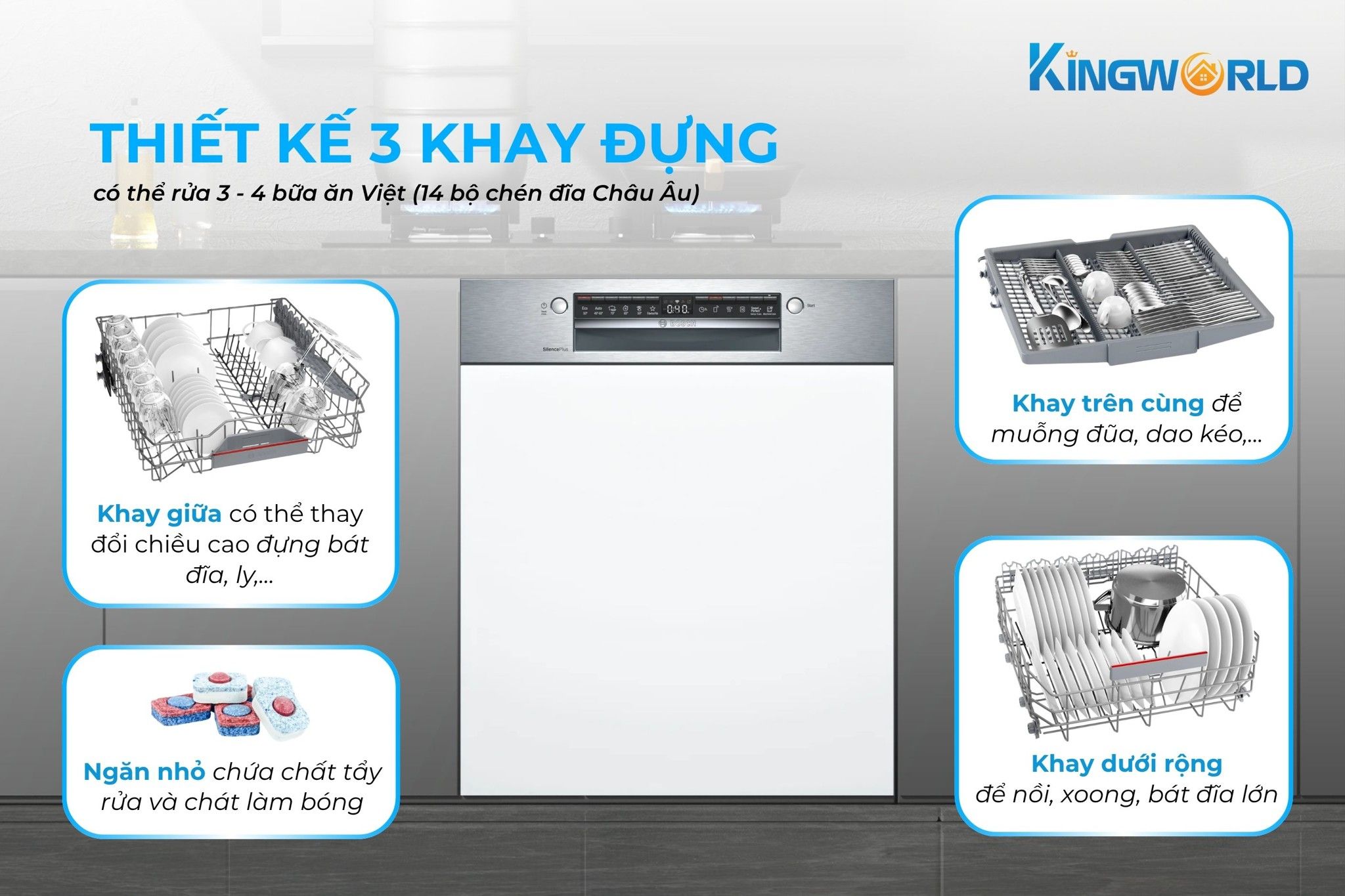 Bosch SMI4HCS48E thiết kế 3 khay rửa rộng rãi