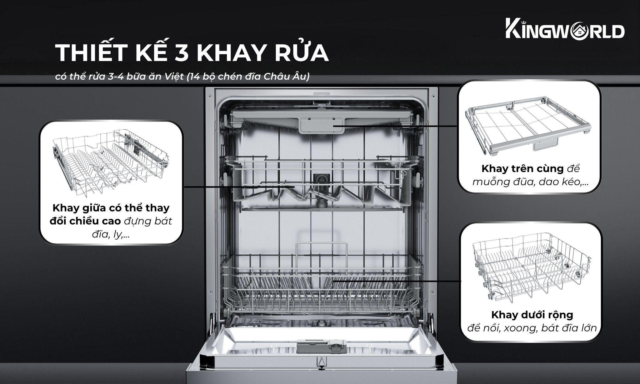 Máy rửa bát Teka DSI 76850 SS thiết kế 3 khay rửa, chứa được 14 bộ chén dĩa